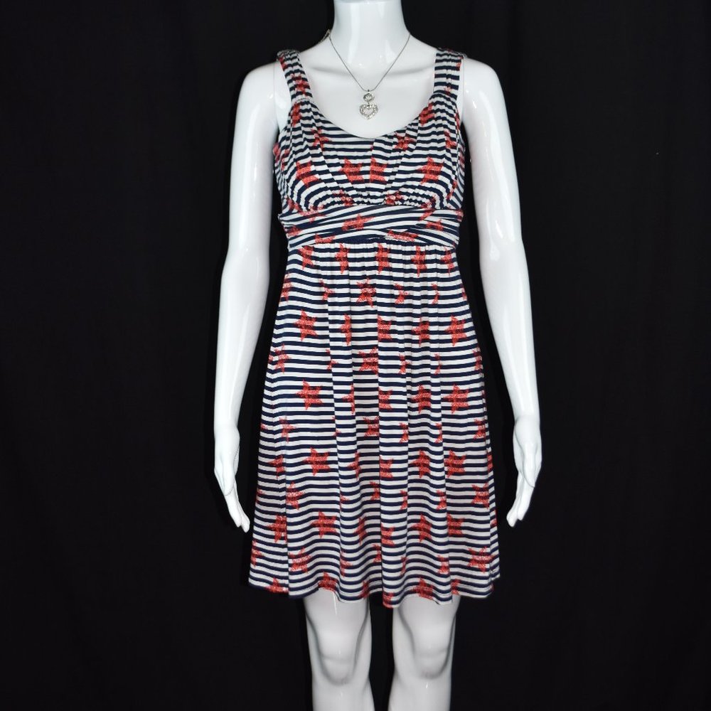 Style & Co. sz. XS Petite Navy Blue and White Striped Dress with Red Stars